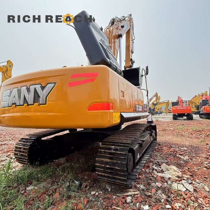 Rear view of a 2025 SANY 335H excavator with counterweight, 33-ton machine listed for $37,500
